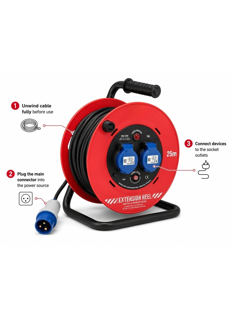 25m Extension Reel Cable With 2 Way Socket, 16A Heavy Duty Cable Reel With Power Indicator And Thermal Cut-Off - Image 2
