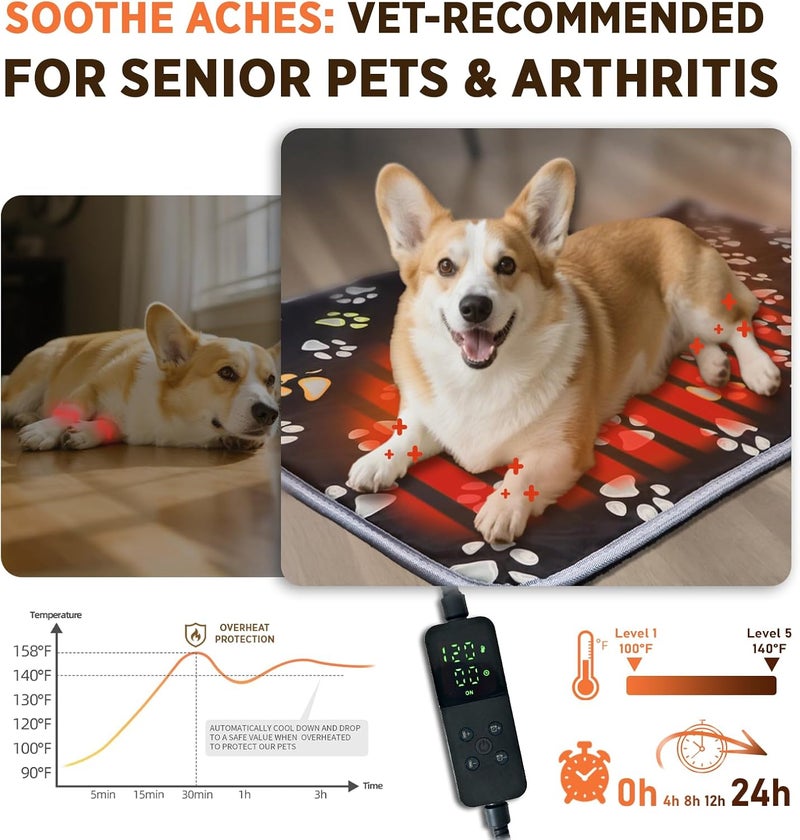 furrybaby Dog Heating Pad (24 x 16 in), Waterproof Pet Heating Pad for Dogs & Cats, Timer or Always-On Mode, Adjustable Temperature, Chew-Resistant, Black - Image 3