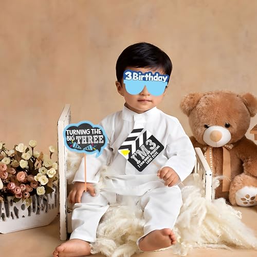 WOBBOX Third Birthday Photo Booth Party Props Blue for Baby Boy, 3rd Birthday Decorations for Boys, Kids Birthday Party Decoration Items - Image 2