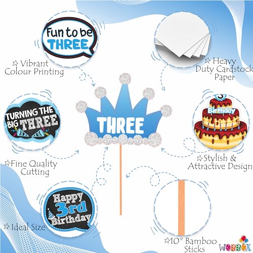 WOBBOX Third Birthday Photo Booth Party Props Blue for Baby Boy, 3rd Birthday Decorations for Boys, Kids Birthday Party Decoration Items - Image 4