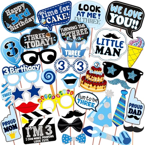 WOBBOX Third Birthday Photo Booth Party Props Blue for Baby Boy, 3rd Birthday Decorations for Boys, Kids Birthday Party Decoration Items - Image 1