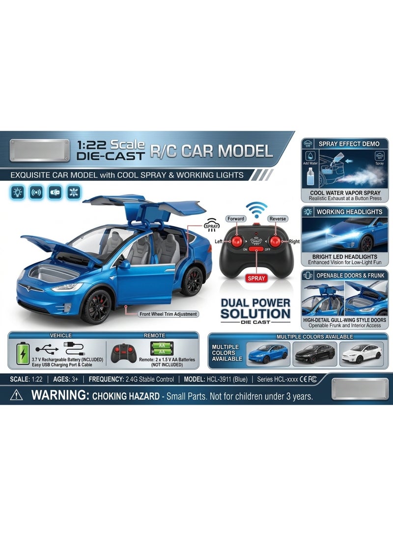 Tesla RC Tesla Model 3 Diecast Remote Control Car 1:22 Scale  01 Pcs Assorted – 2.4GHz Toy Car with LED Lights, Openable Doors & Exhaust Mist Spray – Rechargeable Battery Included for Kids Ages 3+ (HCL-3911) - Image 2