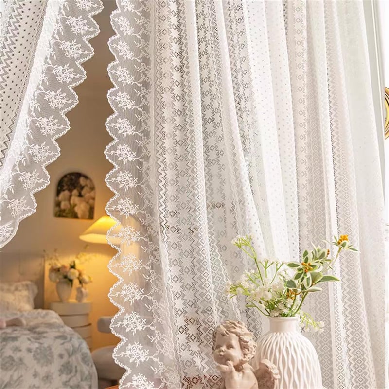 AiFMQQ Romantic White Lace Sheer Curtains for Living Room Bedroom Elegant Hollow Floral Lace Light-Filtering Tulle Drapes for Window Rod Pocket Top 2 Panels (W63 L59 inch,White) - Image 4