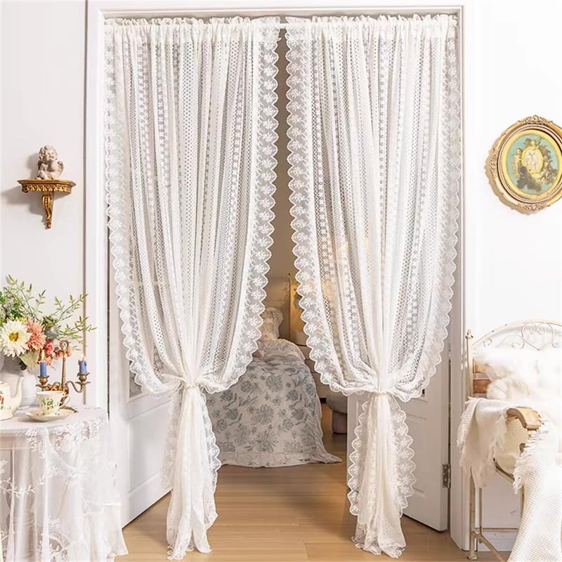 AiFMQQ Romantic White Lace Sheer Curtains for Living Room Bedroom Elegant Hollow Floral Lace Light-Filtering Tulle Drapes for Window Rod Pocket Top 2 Panels (W63 L59 inch,White) - Image 1