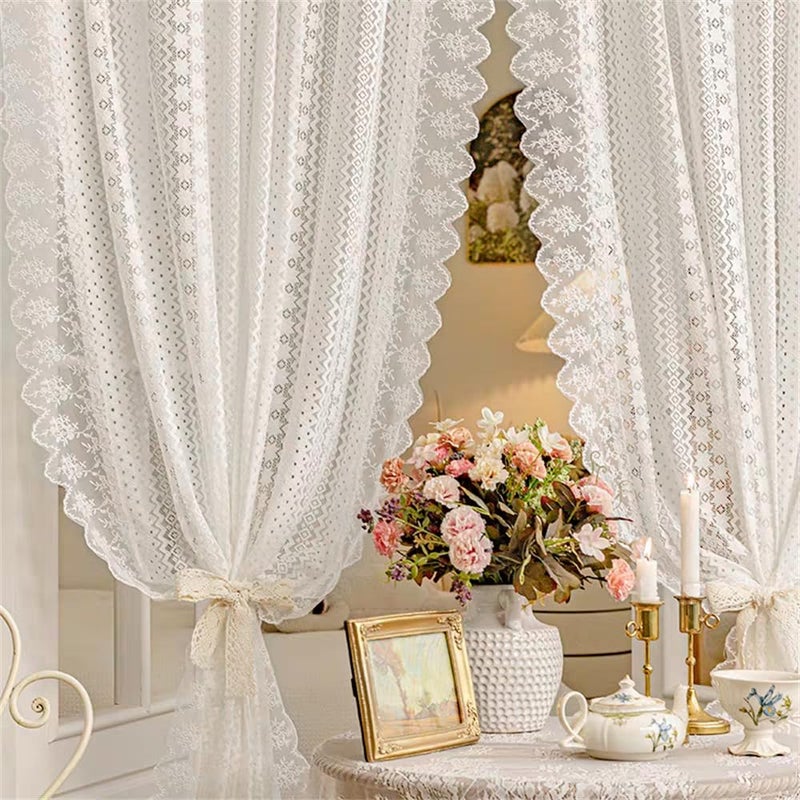 AiFMQQ Romantic White Lace Sheer Curtains for Living Room Bedroom Elegant Hollow Floral Lace Light-Filtering Tulle Drapes for Window Rod Pocket Top 2 Panels (W63 L59 inch,White) - Image 3