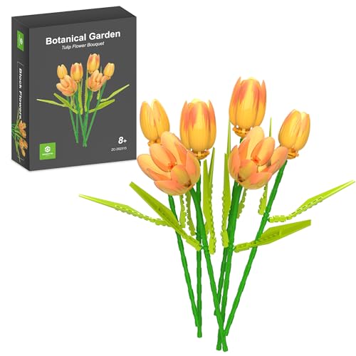 ZONECYTD Flower Bouquet Building Toy Set Tulips Botanical Building Blocks for Adults Home Office Decor Orange Color - Image 1