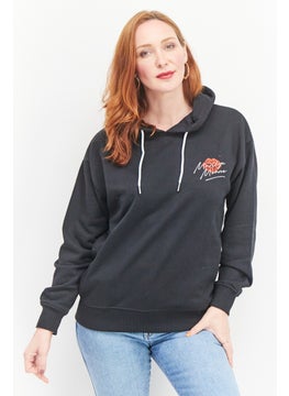 Women Hooded Printed Long Sleeve Sweatshirts, Black
