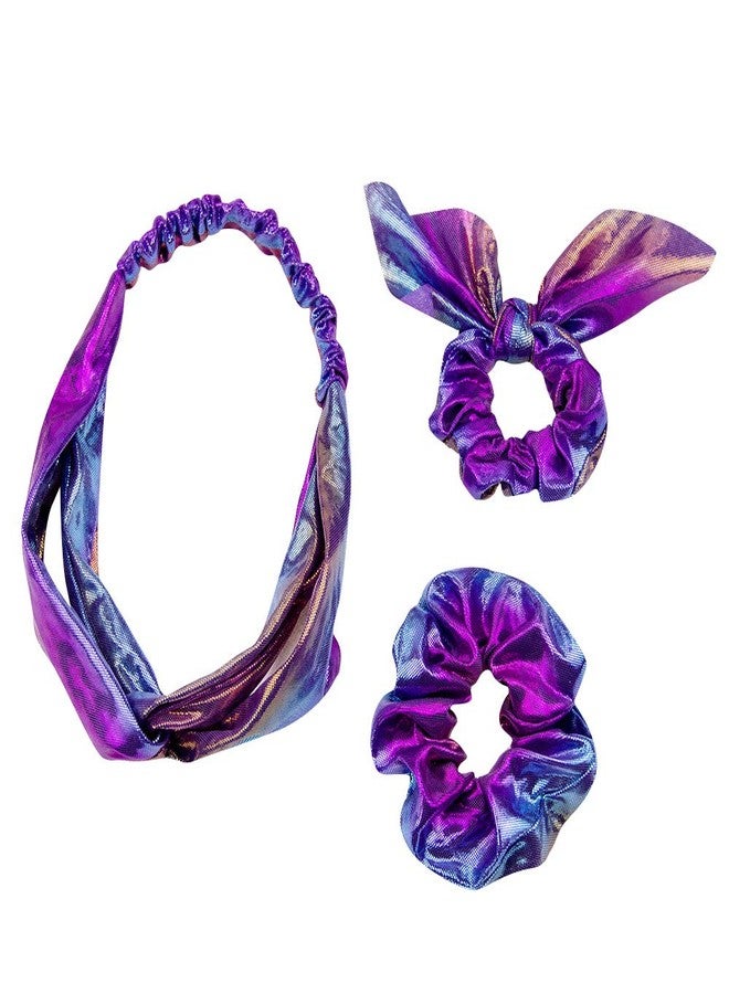 KINFENE 3 in1 Shiny Hologram Metallic Rainbow Bows Scarf Hair Scrunchies Bands Two-tone Mermaid Bunny Ears Hair Bobbles Elastics Ponytail Holders Hair Ties for Show Dance Party Girl (Purple Blue) - Image 1