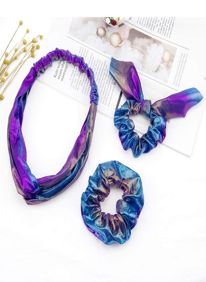 KINFENE 3 in1 Shiny Hologram Metallic Rainbow Bows Scarf Hair Scrunchies Bands Two-tone Mermaid Bunny Ears Hair Bobbles Elastics Ponytail Holders Hair Ties for Show Dance Party Girl (Purple Blue) - Image 2