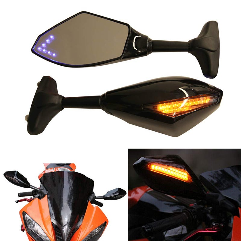 Motorcycle Rearview Mirrors With LED Turn Signal Compatible with Honda Kawasaki Suzuki