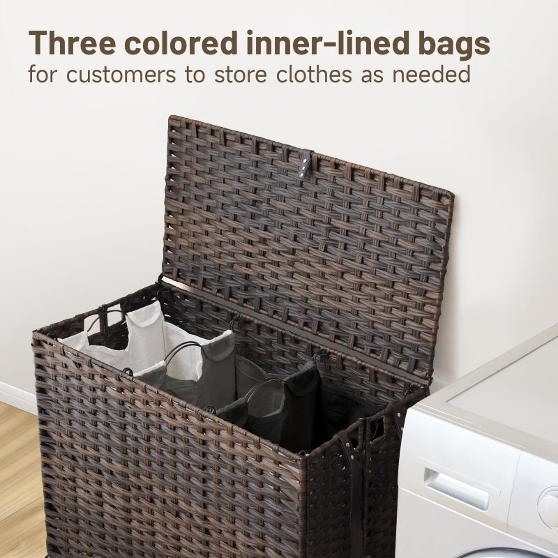 Hiagnete Laundry Hamper with Wheels, 52.8 Gallon(200L) Rolling Laundry Basket with Lid, Removable Large 3 Color Liners & 3 Mesh Laundry Bags, Clothes Hamper with Side Pocket, Brown - Image 2