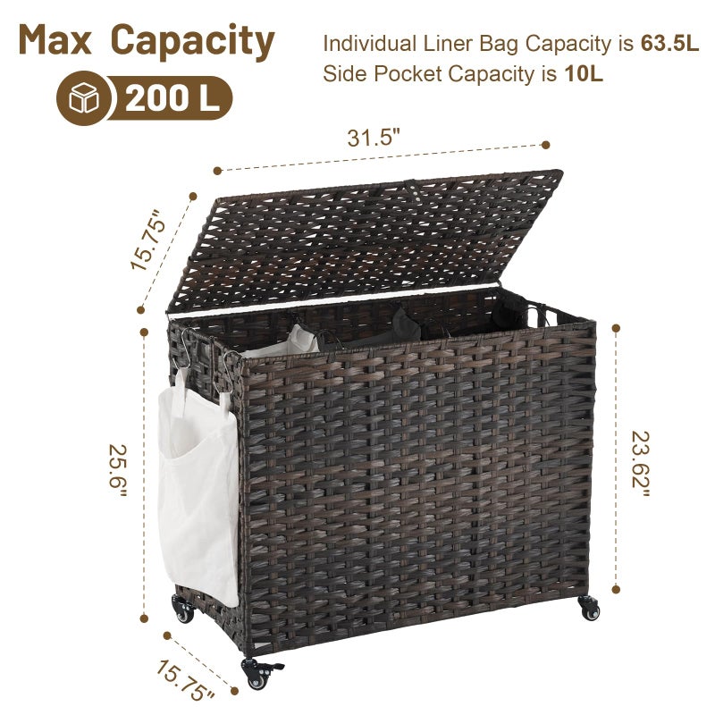 Hiagnete Laundry Hamper with Wheels, 52.8 Gallon(200L) Rolling Laundry Basket with Lid, Removable Large 3 Color Liners & 3 Mesh Laundry Bags, Clothes Hamper with Side Pocket, Brown - Image 4