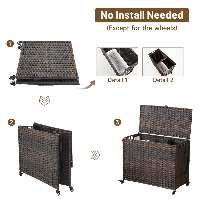 Hiagnete Laundry Hamper with Wheels, 52.8 Gallon(200L) Rolling Laundry Basket with Lid, Removable Large 3 Color Liners & 3 Mesh Laundry Bags, Clothes Hamper with Side Pocket, Brown - Image 5