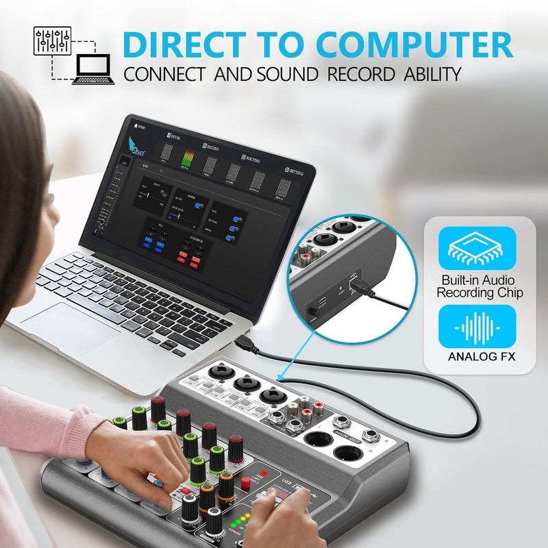 خلاط صوتي محمول من Aveek، لوحة خلط الصوت مع 5 قنوات رقمية USB بلوتوث مزودة بتأخير الصدى، مدخل طاقة فانتوم 48 فولت، خلاطات DJ ستيريو للتسجيل والبث المباشر والبودكاست - Image 3