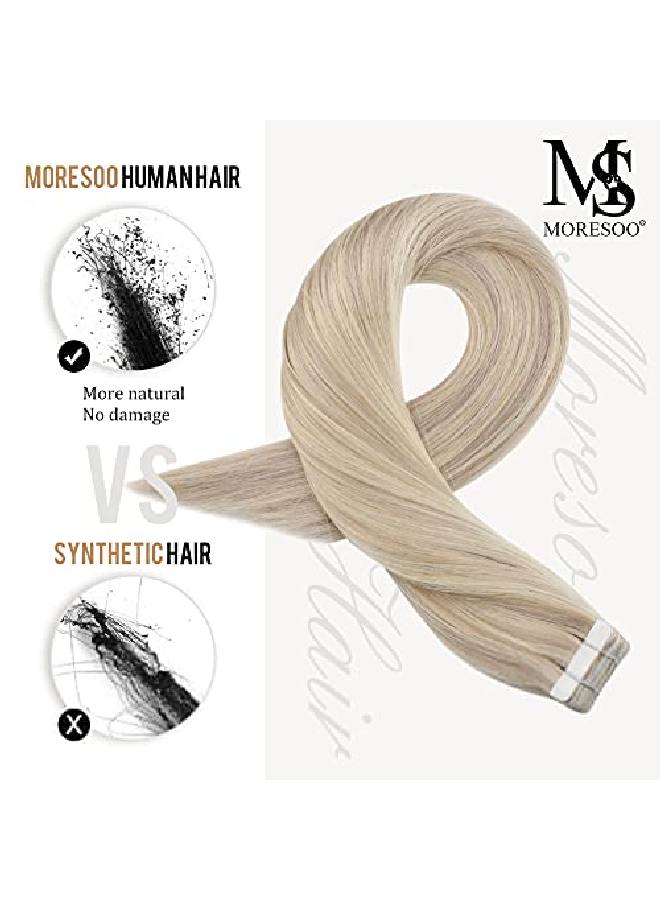 Moresoo Blonde Tape In Hair Extensions Human Hair 12 Inch Tape In Real Hair Extensions 40 Pieces 18 Ash Blonde With 613 Bleach Blonde Glue On Hair Short 60G Silky Soft Hair - Image 5
