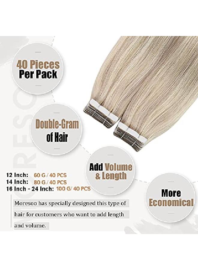 Moresoo Blonde Tape In Hair Extensions Human Hair 12 Inch Tape In Real Hair Extensions 40 Pieces 18 Ash Blonde With 613 Bleach Blonde Glue On Hair Short 60G Silky Soft Hair - Image 3