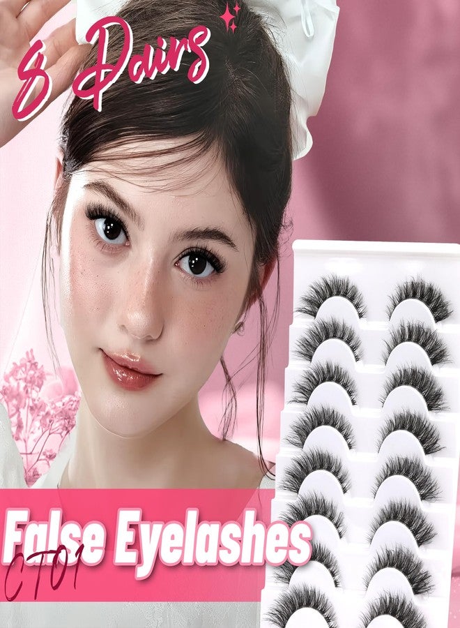 Fyonas Cat Eye Lashes Wispy False Eyelashes 5-14mm Short Fake Lashes Natural Look D Curl Strip Lashes with Clear Band 8 Pairs Soft Fluffy Lashes Pack (CT01) - Image 2