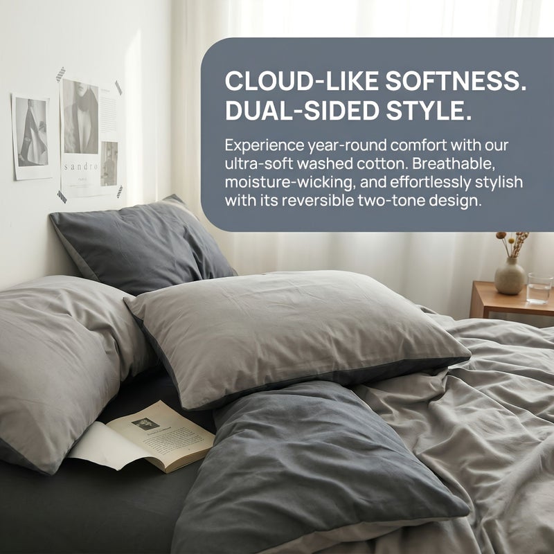 2 Pack Queen Size 100 Percent Cotton Color Block Pillowcases White Gray Soft Skin Friendly Envelope Closure Machine Washable Breathable Warm Bedding for All Seasons - Image 1