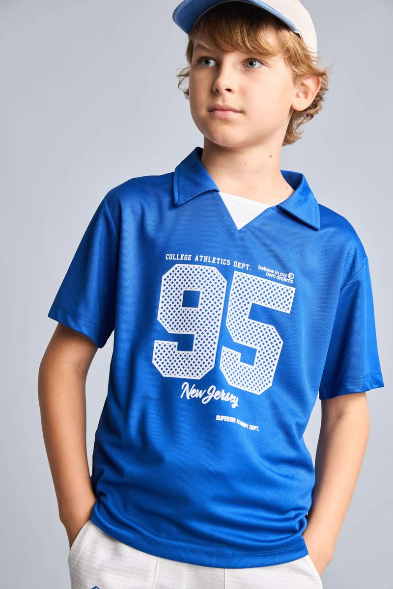 ديفاكتو Boy New Regular Fit V-Neck Mesh Jersey Fabric Blue T-Shirt