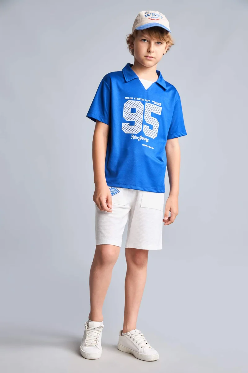 ديفاكتو Boy New Regular Fit V-Neck Mesh Jersey Fabric Blue T-Shirt