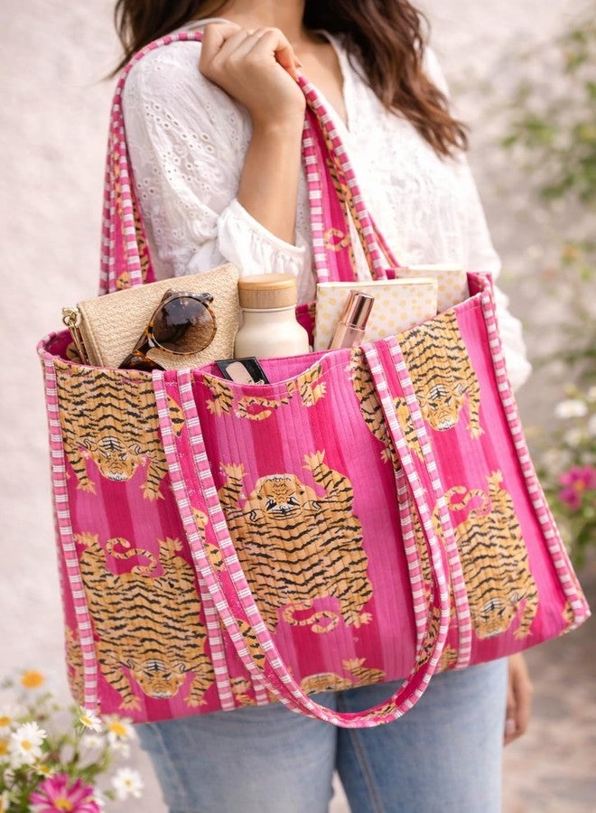 BOHEKANT Cotton Quilted Tote Bag for Women - Lightweight Shoulder Handbag, Reusable Shopping & Travel Carry Bag, Soft Padded Everyday Tote for Office, College & Grocery (Multi1) - Image 4