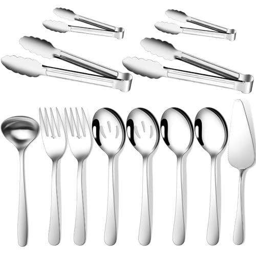Gisly 12-Piece Serving Set - Large Spoons, Forks, Tongs, Ladle, Cake Server & Appetizer Tongs for Buffet Catering, Dishwasher Safe - Image 1