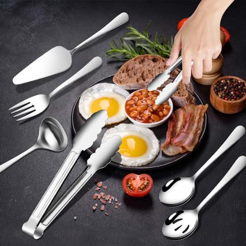 Gisly 12-Piece Serving Set - Large Spoons, Forks, Tongs, Ladle, Cake Server & Appetizer Tongs for Buffet Catering, Dishwasher Safe - Image 3