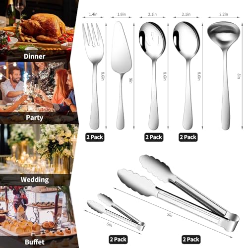 Gisly 12-Piece Serving Set - Large Spoons, Forks, Tongs, Ladle, Cake Server & Appetizer Tongs for Buffet Catering, Dishwasher Safe - Image 2