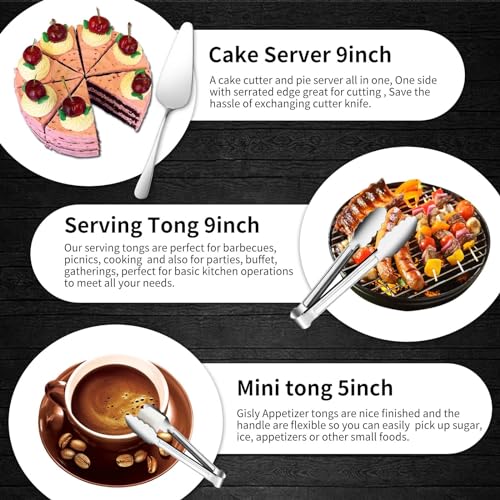 Gisly 12-Piece Serving Set - Large Spoons, Forks, Tongs, Ladle, Cake Server & Appetizer Tongs for Buffet Catering, Dishwasher Safe - Image 5