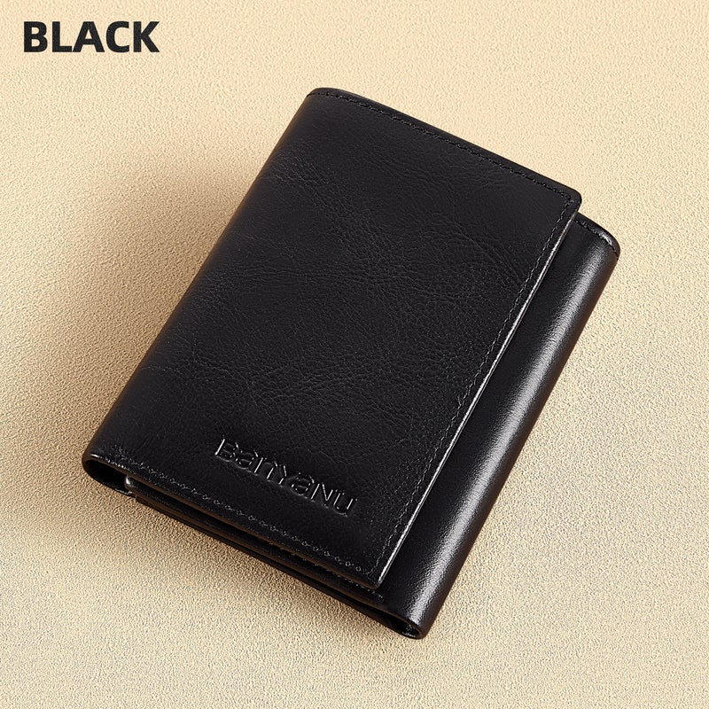 banyanu Men's Genuine Leather Tri-Fold Wallet with ID Window, 11 Card Slots, and 2 Bill Pockets; RFID Anti-Theft; Black Cabinet Microfiber - Image 1