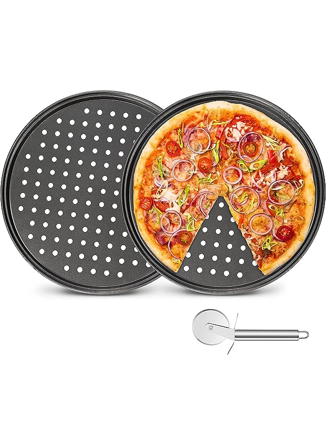 PROMASS Pans with Holes 12 inch Perfect Results Premium 2 Pack Non-Stick Bakeware Pizza Crisper Pan with Pizza Cutter for Home Kitchen - Image 1