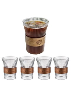 330 ml Glass Cup Set - 4 Transparent Coffee Cups with Vertical Stripe Design and Heat-Insulated, Non-Slip Wooden Handle - Heat-Resistant Glassware Set, Perfect for Hot and Cold Beverages