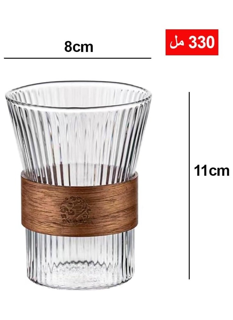 Generic - 330 ml Glass Cup Set - 4 Transparent Coffee Cups with Vertical Stripe Design and Heat-Insulated, Non-Slip Wooden Handle - Heat-Resistant Glassware Set, Perfect for Hot and Cold Beverages - Image 1