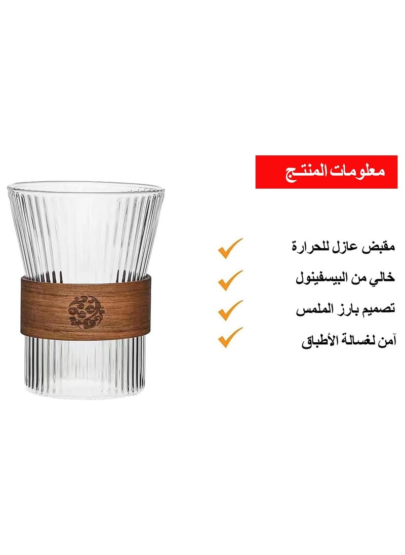 Generic - 330 ml Glass Cup Set - 4 Transparent Coffee Cups with Vertical Stripe Design and Heat-Insulated, Non-Slip Wooden Handle - Heat-Resistant Glassware Set, Perfect for Hot and Cold Beverages - Image 1
