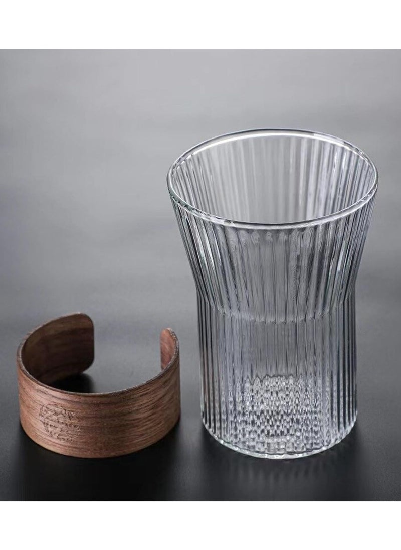 Generic - 330 ml Glass Cup Set - 4 Transparent Coffee Cups with Vertical Stripe Design and Heat-Insulated, Non-Slip Wooden Handle - Heat-Resistant Glassware Set, Perfect for Hot and Cold Beverages - Image 1