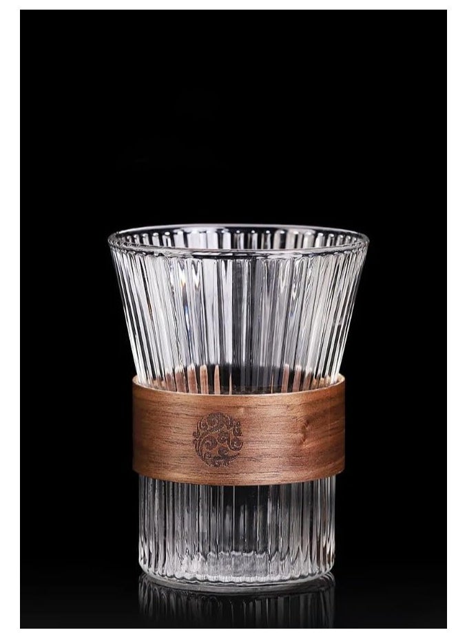 Generic - 330 ml Glass Cup Set - 4 Transparent Coffee Cups with Vertical Stripe Design and Heat-Insulated, Non-Slip Wooden Handle - Heat-Resistant Glassware Set, Perfect for Hot and Cold Beverages - Image 1