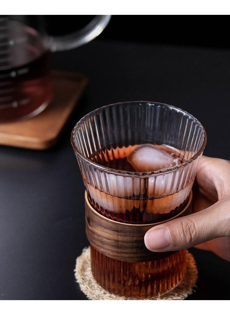 Generic - 330 ml Glass Cup Set - 4 Transparent Coffee Cups with Vertical Stripe Design and Heat-Insulated, Non-Slip Wooden Handle - Heat-Resistant Glassware Set, Perfect for Hot and Cold Beverages - Image 1