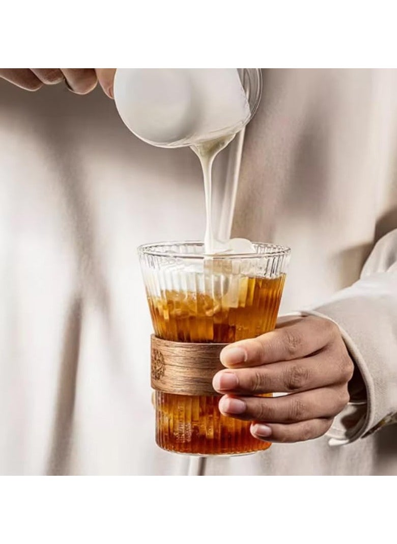 Generic - 330 ml Glass Cup Set - 4 Transparent Coffee Cups with Vertical Stripe Design and Heat-Insulated, Non-Slip Wooden Handle - Heat-Resistant Glassware Set, Perfect for Hot and Cold Beverages - Image 1