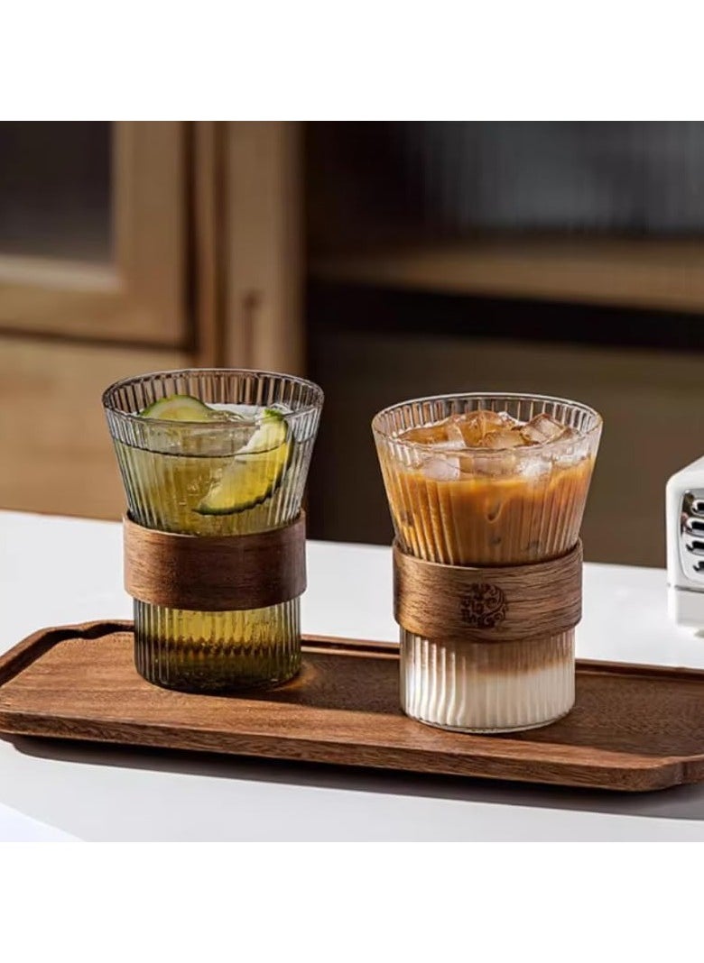 Generic - 330 ml Glass Cup Set - 4 Transparent Coffee Cups with Vertical Stripe Design and Heat-Insulated, Non-Slip Wooden Handle - Heat-Resistant Glassware Set, Perfect for Hot and Cold Beverages - Image 1