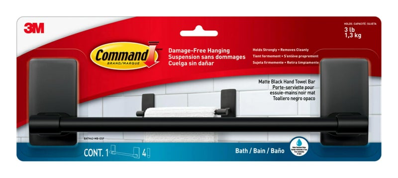Command Hand Towel Bar Matte Black with Water Resistant Strips Bathroom Decor 9 in Bar Length Holds up to 3 lbs
