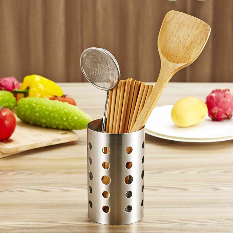 Cooking Utensil Holder: 10×10×17cm Stainless Steel - Multihole Drainage, Stable Base Flatware Organizer for Home Kitchen, Outdoor Barbecue & Catering Parties - Image 1
