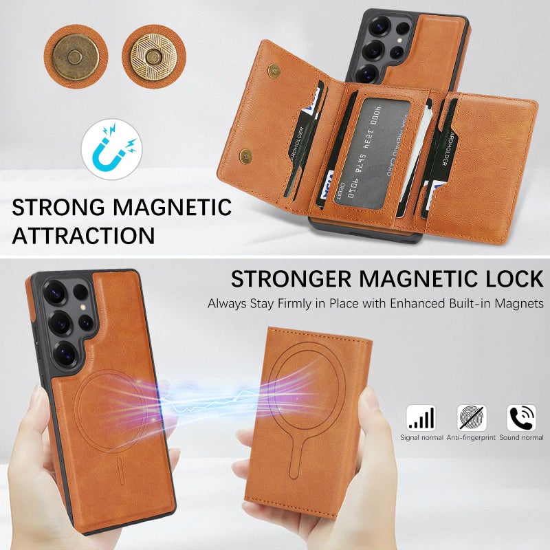 For Samsung Galaxy S24 Ultra 5G Strong Magnetic Magsafe Tri-Fold Wallet Side Sticker Leather Phone Case(Brown) - Image 5