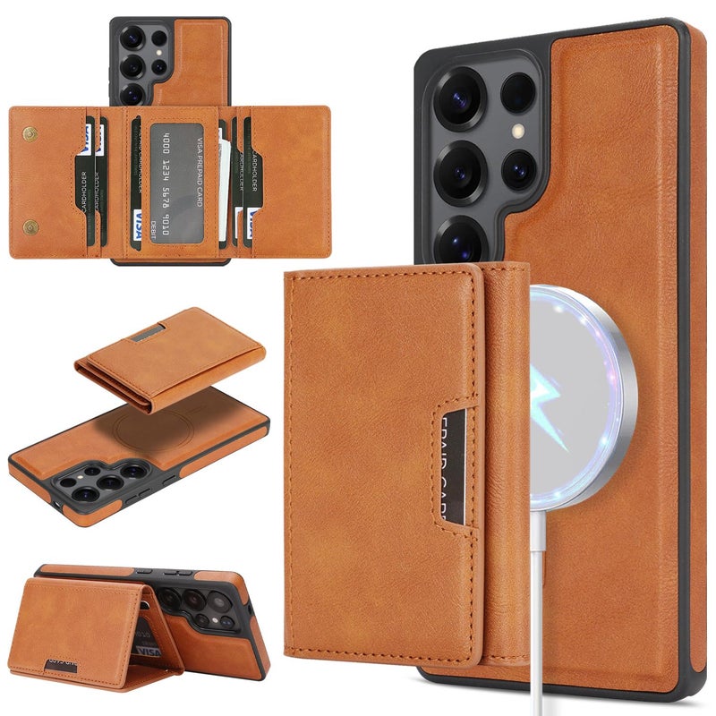 For Samsung Galaxy S24 Ultra 5G Strong Magnetic Magsafe Tri-Fold Wallet Side Sticker Leather Phone Case(Brown) - Image 1
