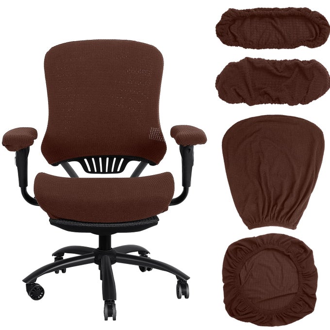 4 PCS OFFICE CHAIR COVERS SET COMPUTER UNIVERSAL PROTECTIVE STRETCHABLE CHAIR SEAT COVERS DESK ARMREST COVERS SLIPCOVERS PADS OFFICE CUSHION BACKREST FOR ROTATINGDARK BROWNPOLYESTER
