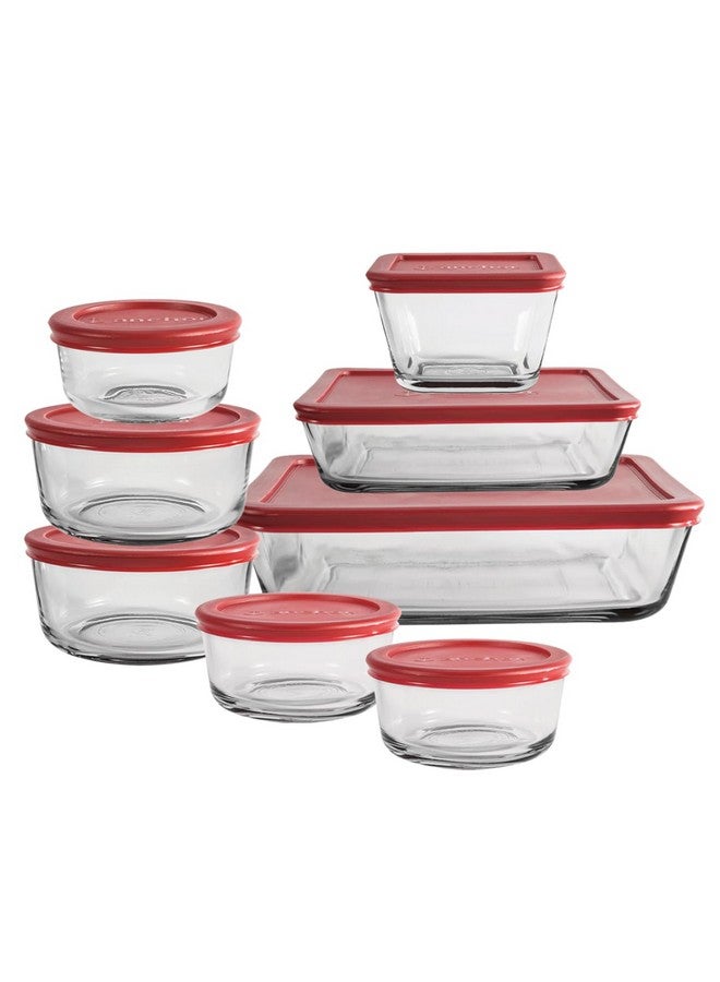 Anchor Hocking 16 Piece Glass Storage Containers with Lids (8 Glass Food Storage Containers & 8 Red SnugFit Lids) - Image 1