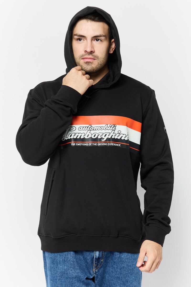 LAMBORGHINI Men Long Sleeves Brand Logo Hoodie, Black  - Image 1