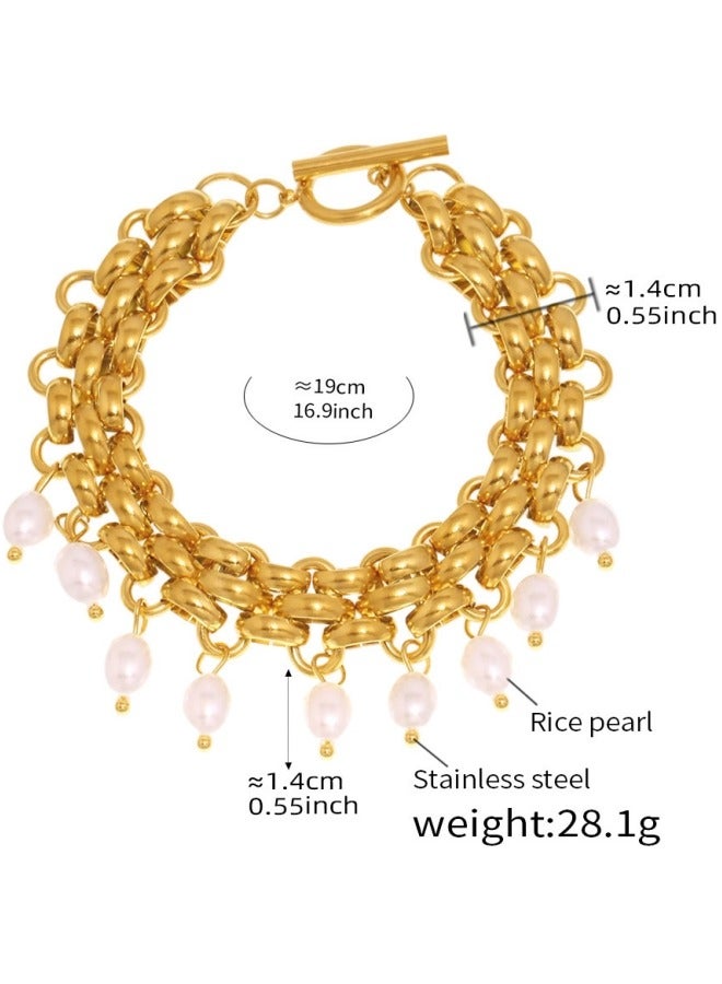​​Stainless Steel Handmade Chain with High-Gloss Rice Beads and Tassel Multi-Layer Bracelet Jewelry​​  - Image 3