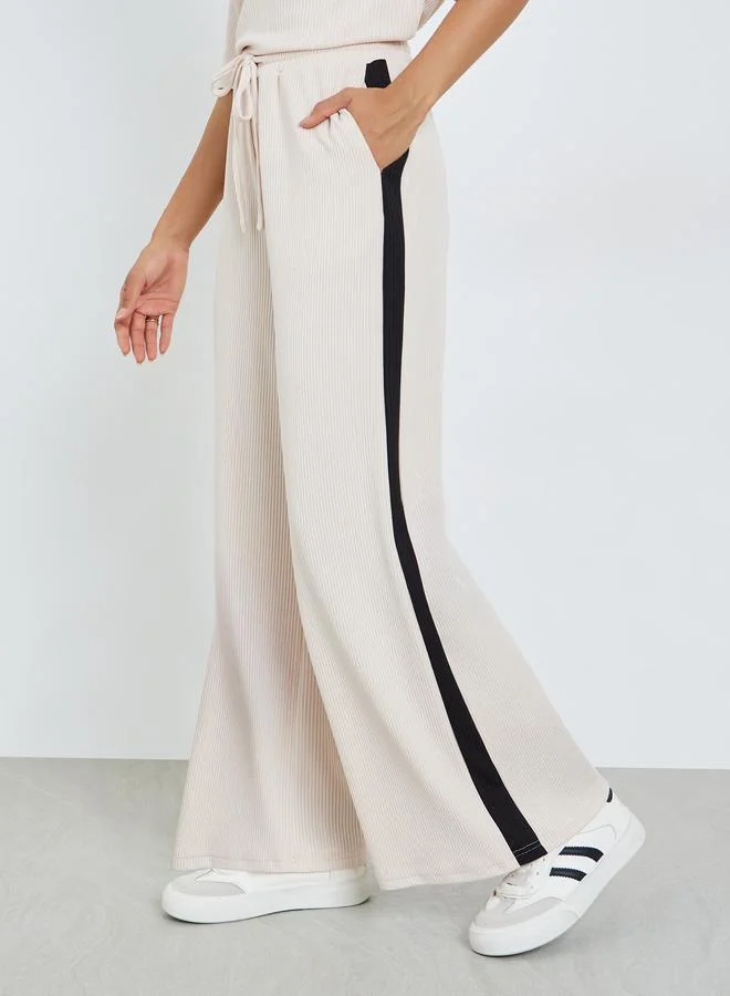 Styli Beige Wide Leg Joggers with Side Stripe