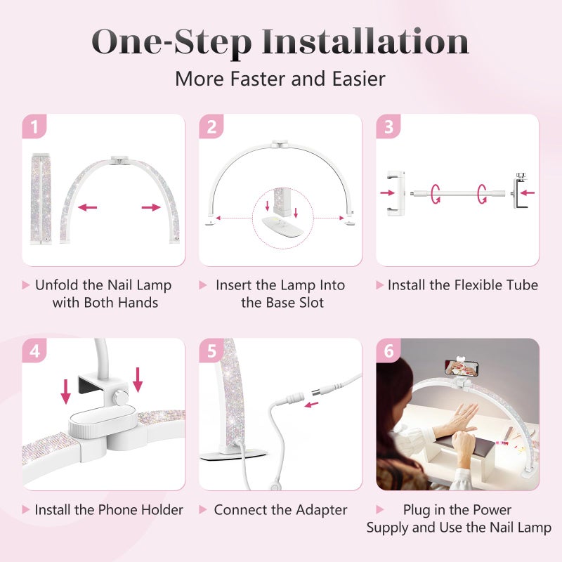 Yokilly Half Moon Light for Nail Desk: 23" Foldable Half Moon Desk Lamp with Phone Holder for Beginner - Arch Nail Tech Light with 3 Color Modes & 10 Brightness for Manicure Salon (Diamond, Small) - Image 5
