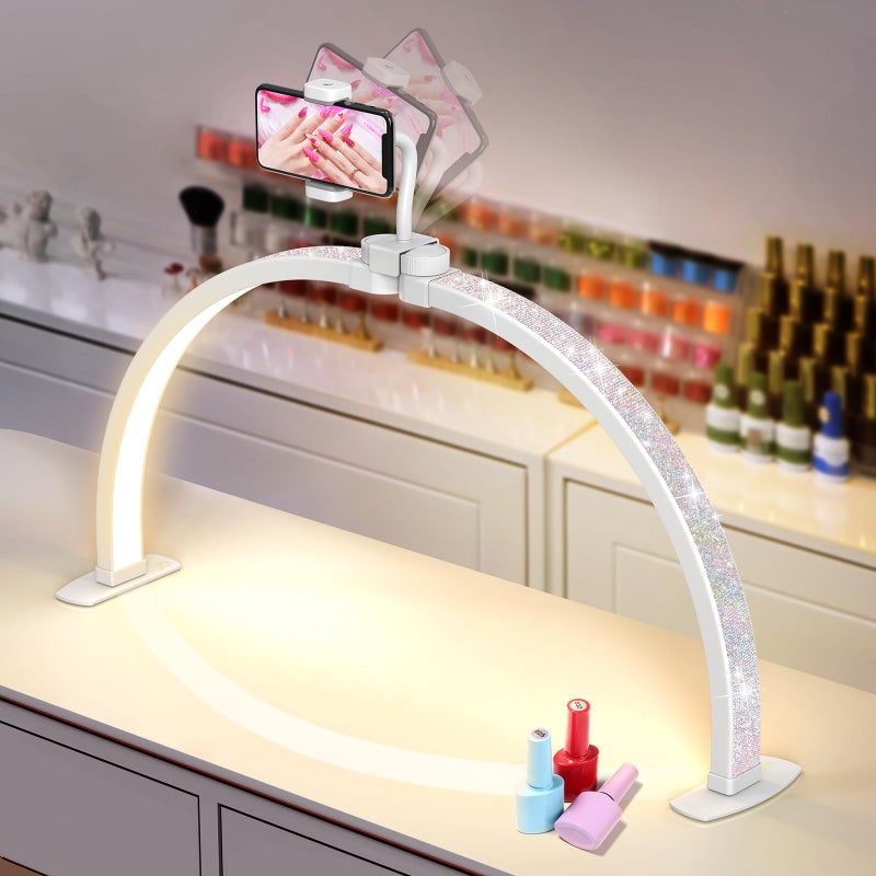 Yokilly Half Moon Light for Nail Desk: 23" Foldable Half Moon Desk Lamp with Phone Holder for Beginner - Arch Nail Tech Light with 3 Color Modes & 10 Brightness for Manicure Salon (Diamond, Small) - Image 1